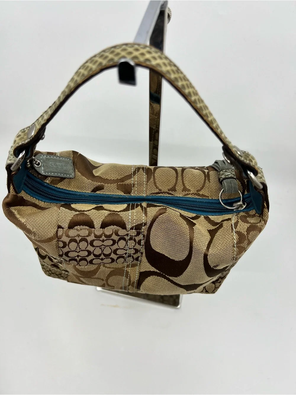 Coach Signature Vintage Y2K Patchwork Hobo Handbag Brown Tan Blue Trim Small